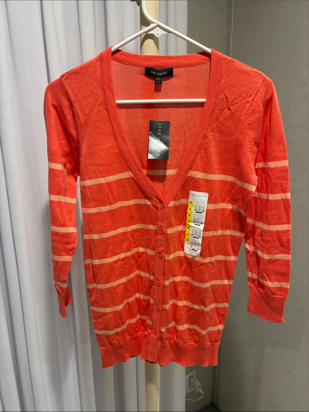 The Limited Coral and Cream Striped V-Neck Button Cardigan
